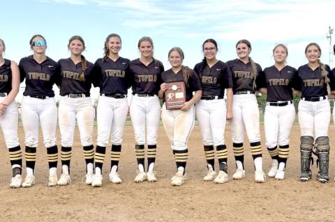 TUPELO SLOWPITCH SOFTBALL CLASS A DISTRICT CHAMPIONS SPRING 2025- Left to Right, Coach Romines, Faith Christian, Charlee Wood, Rebecca Dailey, Liz Sliger, Jade Ellis, Marley Crites, Bailey Battles, Lainee Wafford, Catrina Higdon, Jaylee Tailor, Keira Mill