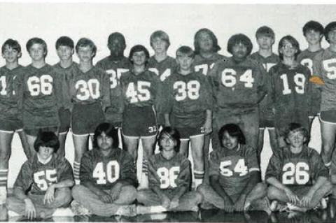 Standing, L to R.—Coach John Jump, Darrin Cosper, Lyle Lansche, Terry Eden, Boyd Casey, Johnnie Holt, Johnny Alrlngton, Michael Elkins, David Miller, Stanley Fobb, Ferlln McClure, Jimmy Holder, John Taylor, Warren Wilson, Joe Ward, Coach Bill Burnett. S