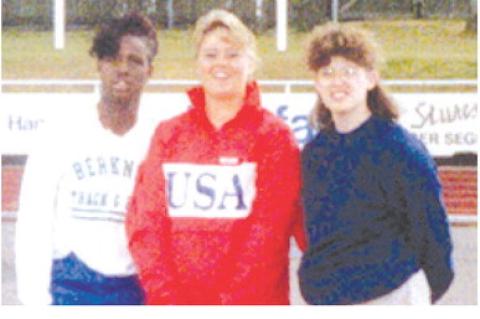 Tommie Kay Weeden at the 1989 International Sports Tours in Sweden with two other shot put contestants. From left, Angie McDonald, Texas, 1st place; Tommie Kay Weeden, Coalgate, 2nd place; and Stephanie Liner, Texas. The girls competed against ten countri