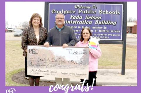 Joyce, a 1967 graduate of Coalgate High School, was the lucky winner of PEC’s 2024 Community Spirit end-of-year drawing. She won a brand-new tablet plus a $500 donation. Coalgate Schools appreciates her generosity! Pictured (l-r): Jennifer Boeck, PEC, S