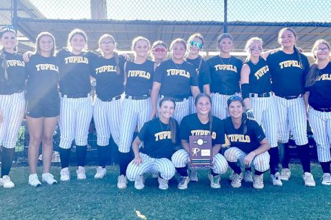 CLASS B DISTRICT CHAMPIONS TUPELO LADY TIGERS. Back Row L-R Coach Bilodeau, Lainee Wafford, Katy Davis, Jolie Hamer, Aubrey Gibson, Abby Whaley, Peyton Heffner, Mesa Johnson, Charlie Wood, Rebecca Dailey, Faith Christian, Everly Arrington, Sadie Hamer, Co